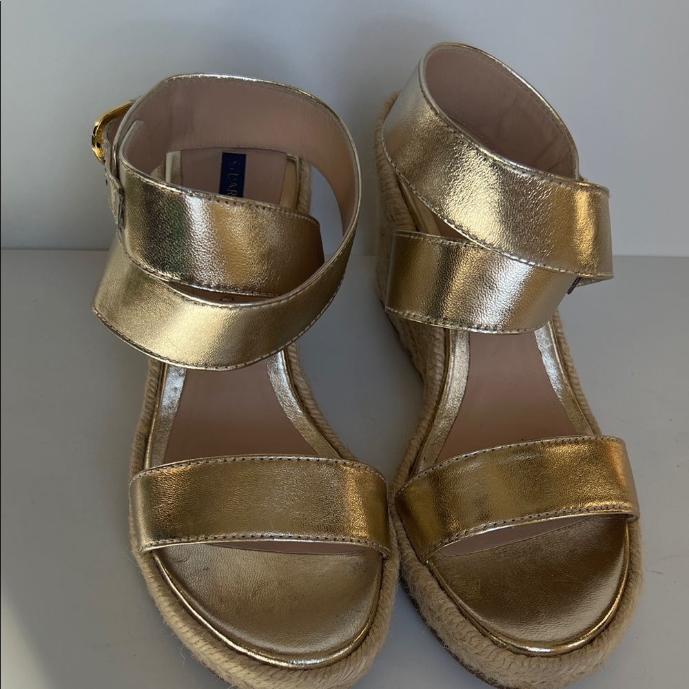 Stuart Weitzman Gold Metallic Espadrille Wedge Sandals
